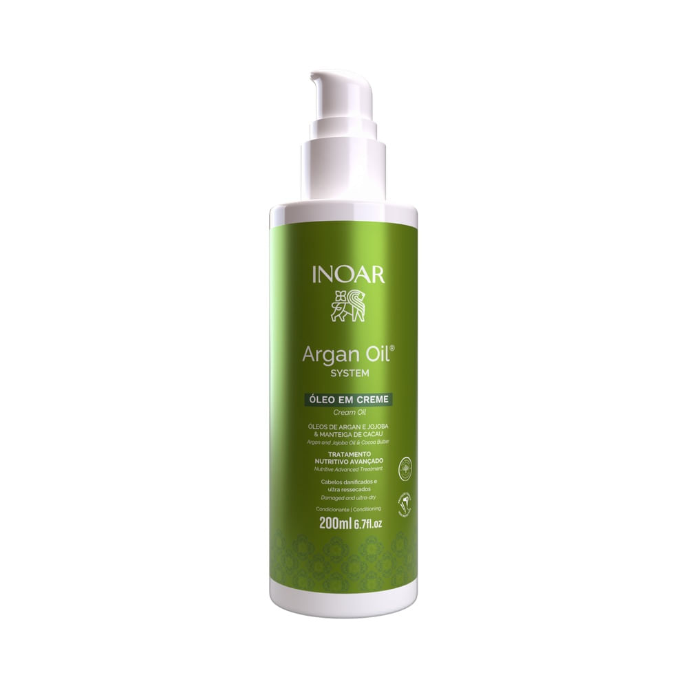 Frasco branco com válvula pump contendo Óleo em Creme Inoar Argan Oil 200ml com rótulo verde e dourado